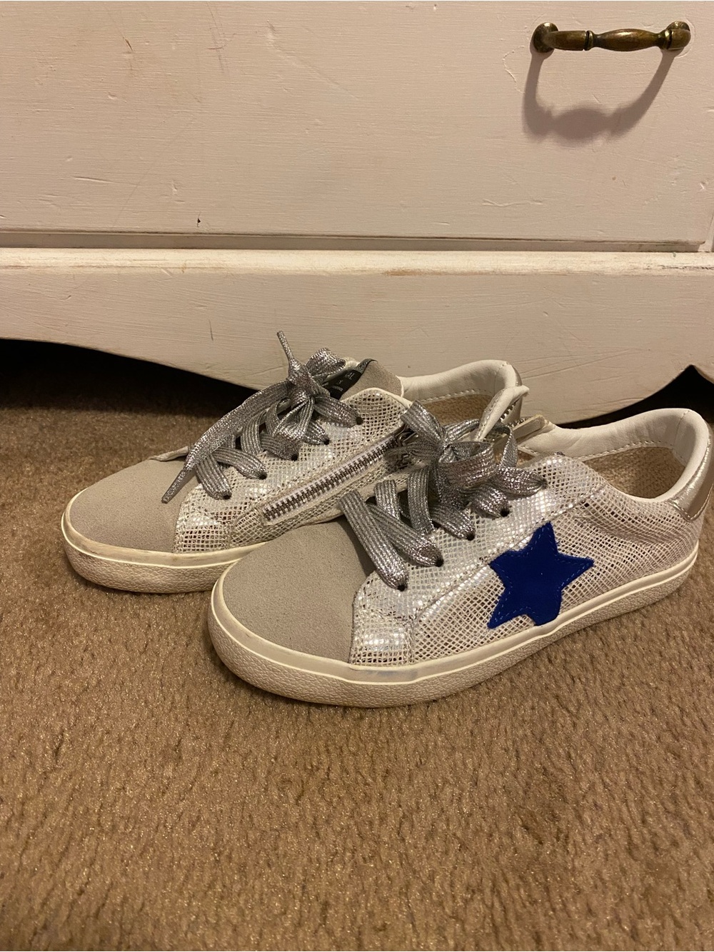Kids Silver Glitter Sneakers with Blue Star Accent